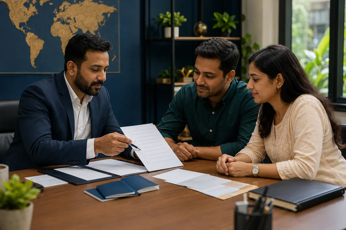 Visa consultant reviewing a travel application with clients